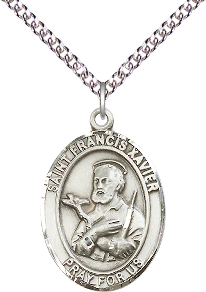Sterling Silver Saint Francis Xavier Pendant on a 24 inch Sterling Silver Heavy Curb chain