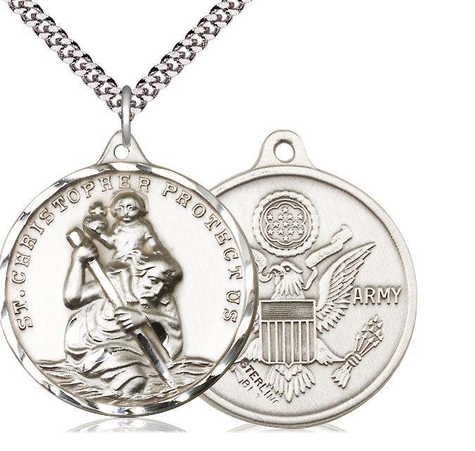 Sterling Silver Saint Christopher Army Pendant on a 24 inch Light Rhodium Heavy Curb chain