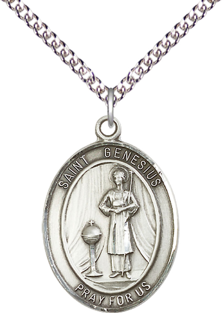 Sterling Silver Saint Genesius of Rome Pendant on a 24 inch Sterling Silver Heavy Curb chain