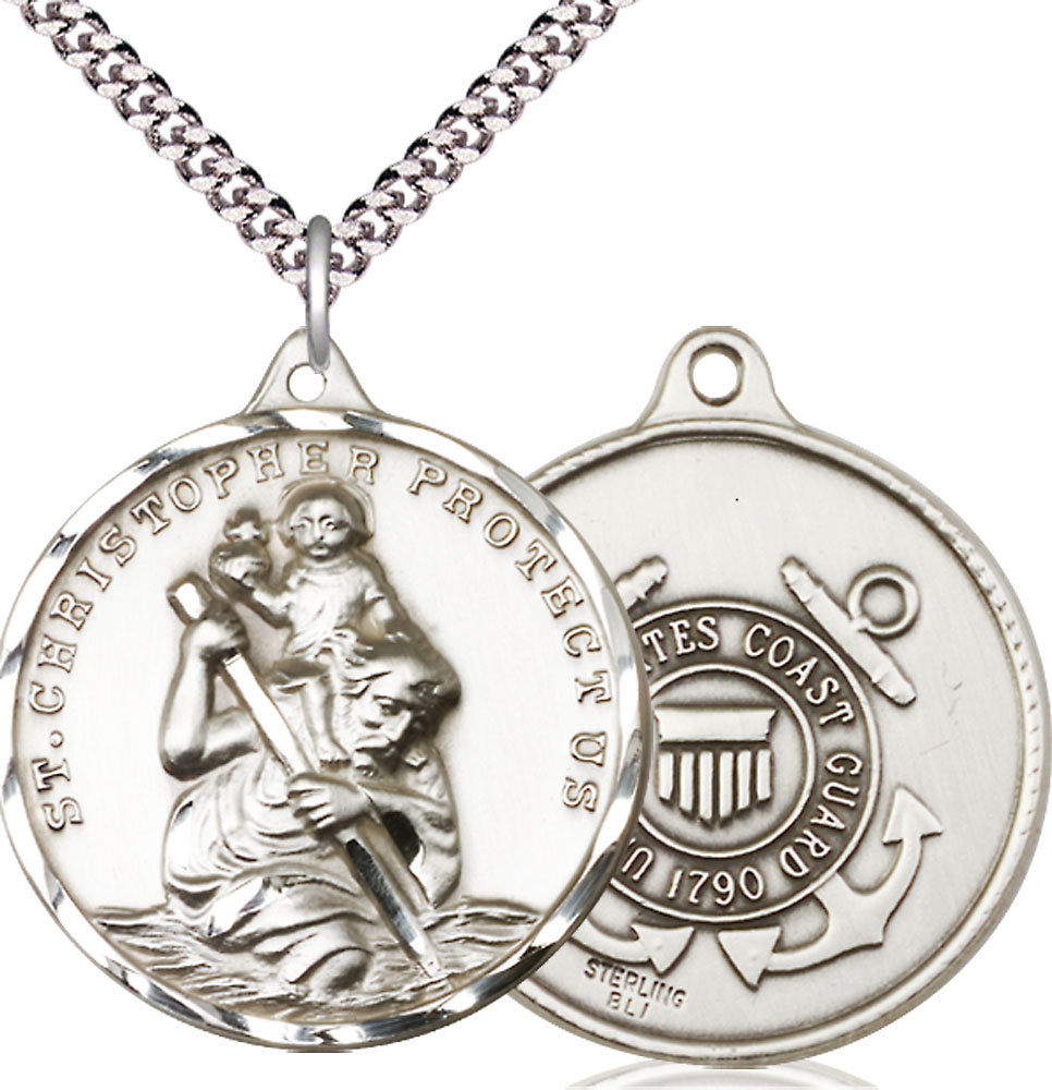 Sterling Silver Saint Christopher Coast Guard Pendant on a 24 inch Light Rhodium Heavy Curb chain