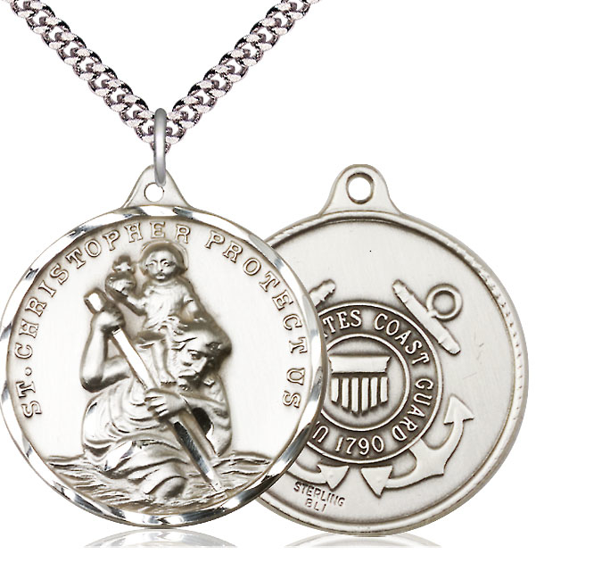 Sterling Silver Saint Christopher Coast Guard Pendant on a 24 inch Light Rhodium Heavy Curb chain