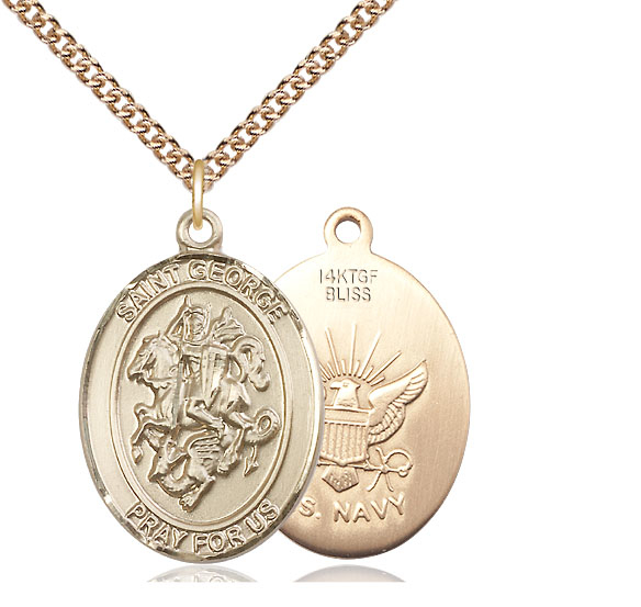 14kt Gold Filled Saint George Navy Pendant on a 24 inch Gold Filled Heavy Curb chain