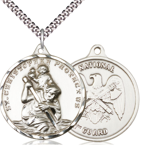 Sterling Silver Saint Christopher National Guard Pendant on a 24 inch Light Rhodium Heavy Curb chain