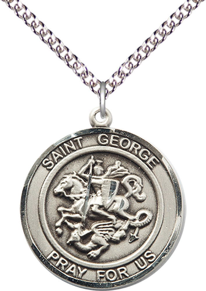 Sterling Silver Saint George Pendant on a 24 inch Sterling Silver Heavy Curb chain