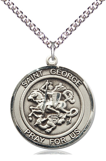 Sterling Silver Saint George Pendant on a 24 inch Sterling Silver Heavy Curb chain