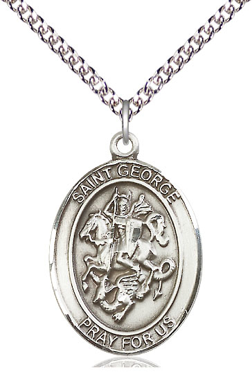 Sterling Silver Saint George Pendant on a 24 inch Sterling Silver Heavy Curb chain