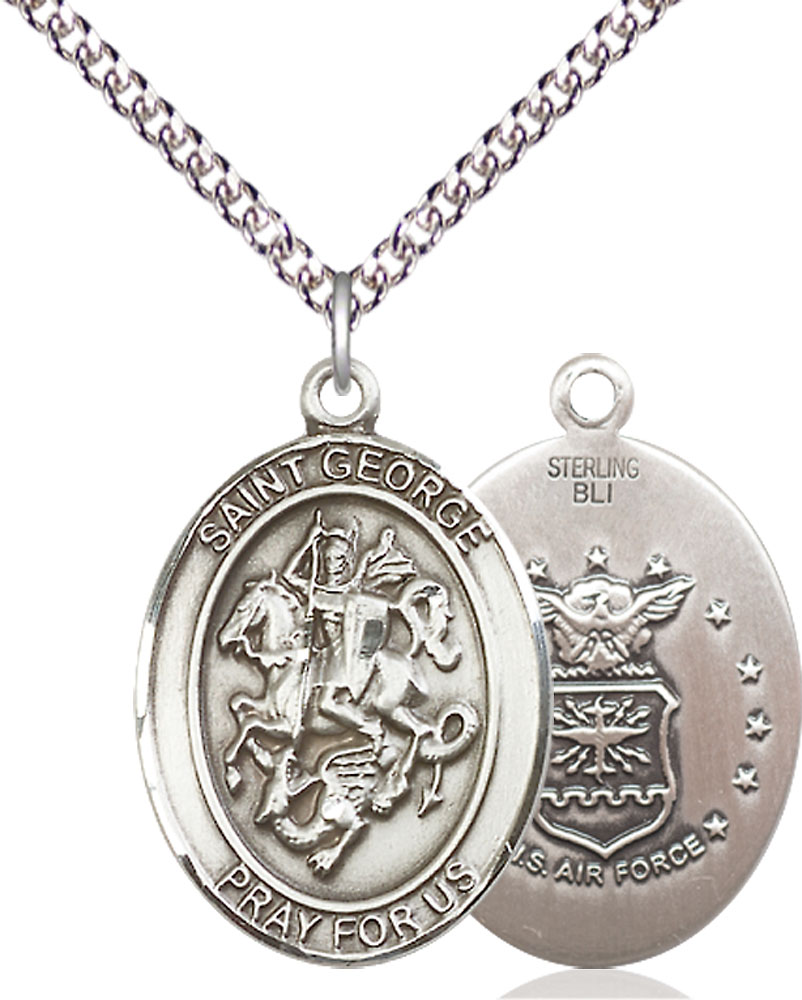 Sterling Silver Saint George Air Force Pendant on a 24 inch Sterling Silver Heavy Curb chain