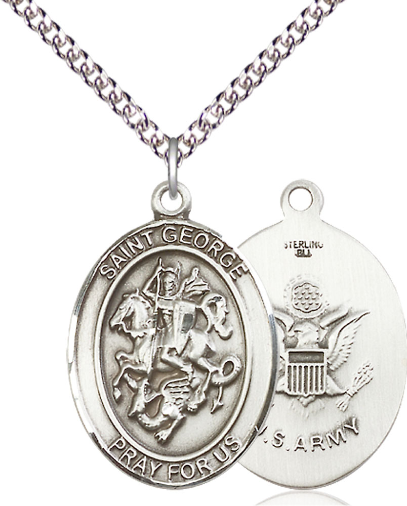 Sterling Silver Saint George Army Pendant on a 24 inch Sterling Silver Heavy Curb chain