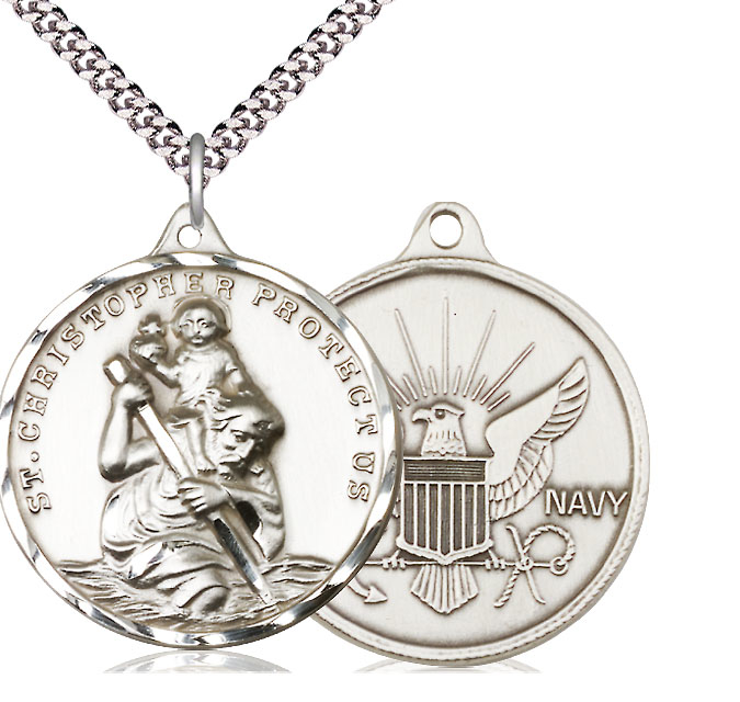 Sterling Silver Saint Christopher Navy Pendant on a 24 inch Light Rhodium Heavy Curb chain