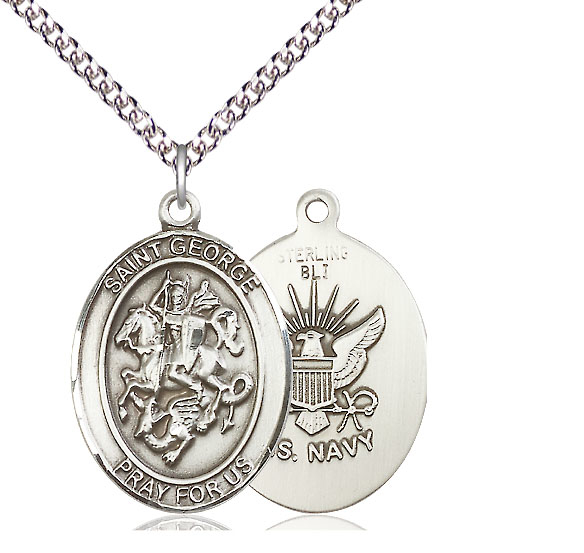 Sterling Silver Saint George Navy Pendant on a 24 inch Sterling Silver Heavy Curb chain