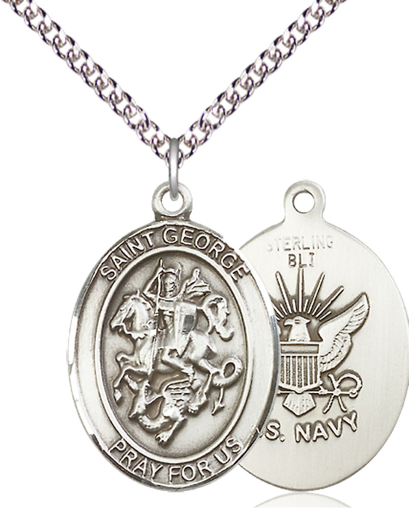 Sterling Silver Saint George Navy Pendant on a 24 inch Sterling Silver Heavy Curb chain