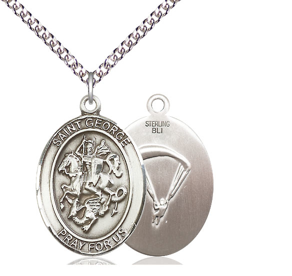 Sterling Silver Saint George Paratrooper Pendant on a 24 inch Sterling Silver Heavy Curb chain