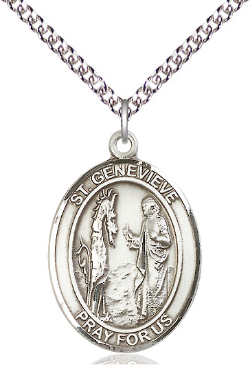 Sterling Silver Saint Genevieve Pendant on a 24 inch Sterling Silver Heavy Curb chain