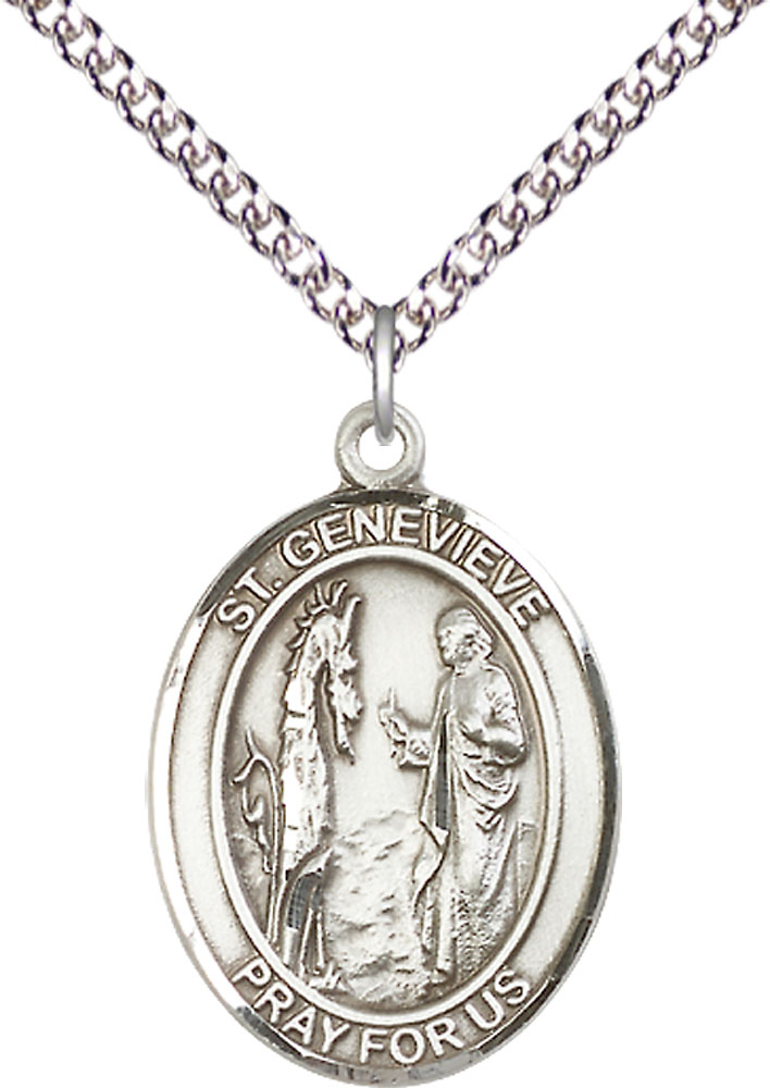 Sterling Silver Saint Genevieve Pendant on a 24 inch Sterling Silver Heavy Curb chain
