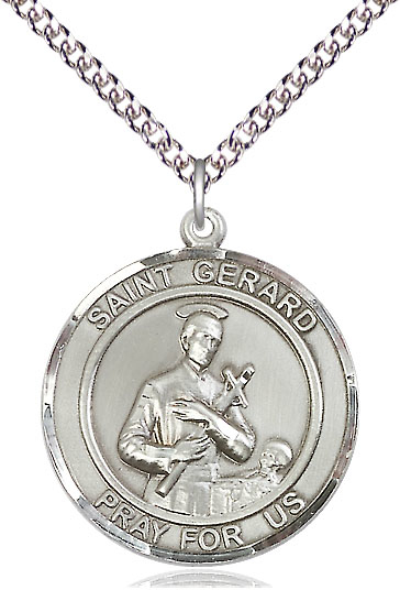 Sterling Silver Saint Gerard Pendant on a 24 inch Sterling Silver Heavy Curb chain