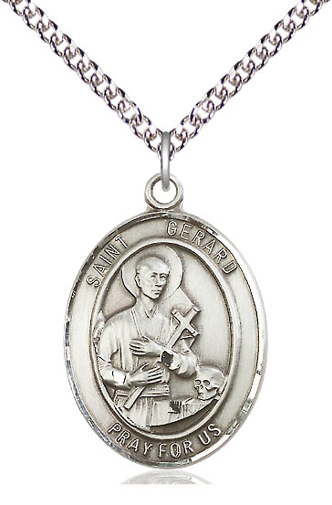 Sterling Silver Saint Gerard Majella Pendant on a 24 inch Sterling Silver Heavy Curb chain