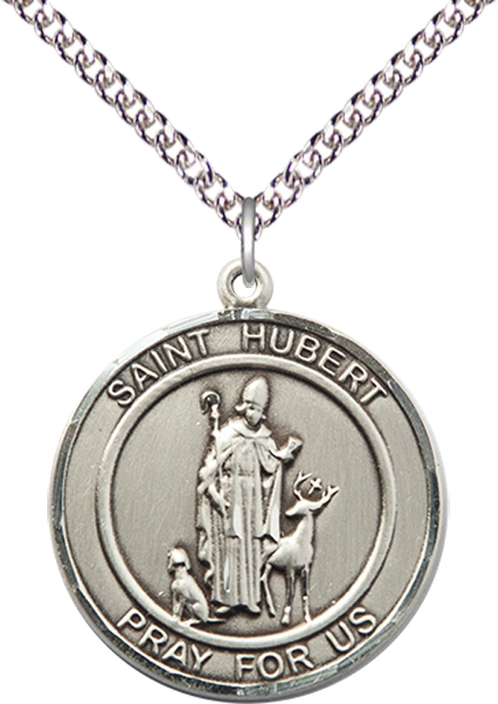 Sterling Silver Saint Hubert of Liege Pendant on a 24 inch Sterling Silver Heavy Curb chain