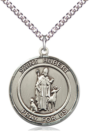 Sterling Silver Saint Hubert of Liege Pendant on a 24 inch Sterling Silver Heavy Curb chain