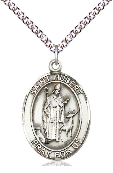 Sterling Silver Saint Hubert of Liege Pendant on a 24 inch Sterling Silver Heavy Curb chain