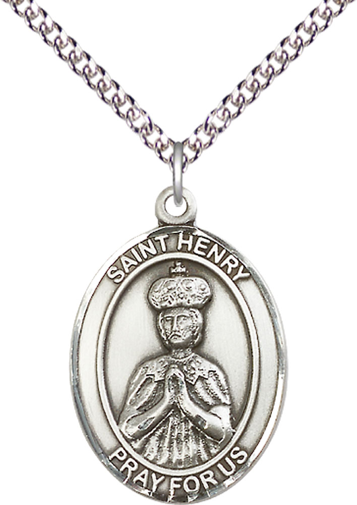 Sterling Silver Saint Henry II Pendant on a 24 inch Sterling Silver Heavy Curb chain