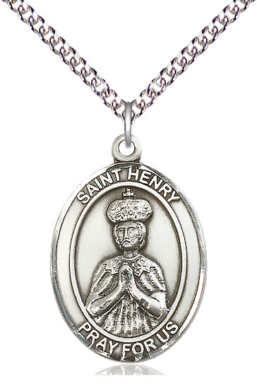 Sterling Silver Saint Henry II Pendant on a 24 inch Sterling Silver Heavy Curb chain