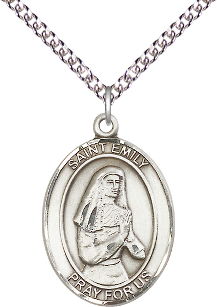 Sterling Silver Saint Emily de Vialar Pendant on a 24 inch Sterling Silver Heavy Curb chain