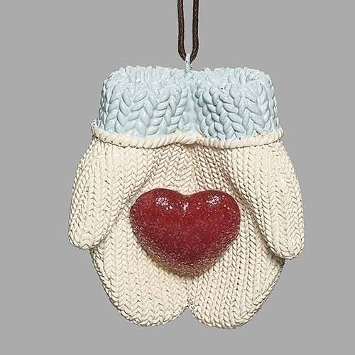 3.5"H Christmas Mittens W/ - Heart Ornament - Christmas