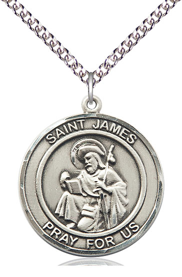 Sterling Silver Saint James the Greater Pendant on a 24 inch Sterling Silver Heavy Curb chain