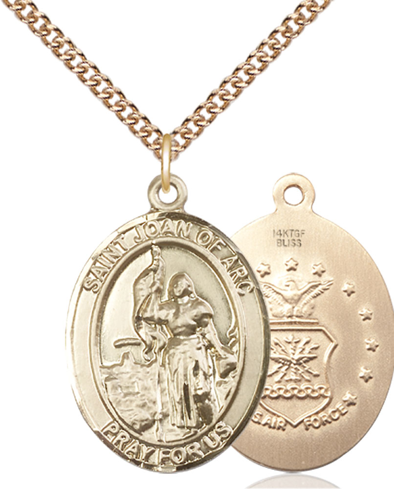 14kt Gold Filled Saint Joan of Arc Air Force Pendant on a 24 inch Gold Filled Heavy Curb chain