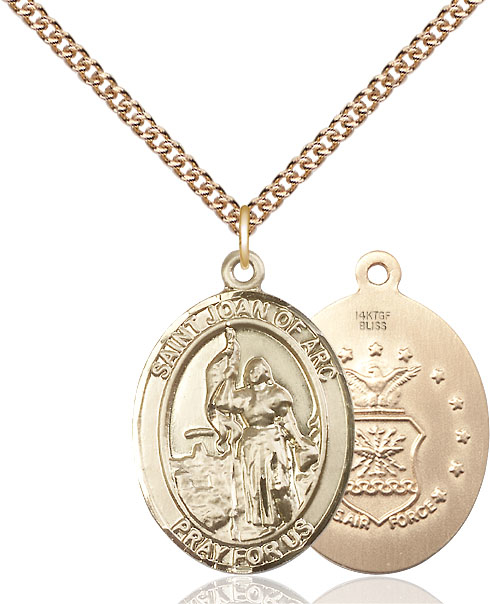 14kt Gold Filled Saint Joan of Arc Air Force Pendant on a 24 inch Gold Filled Heavy Curb chain