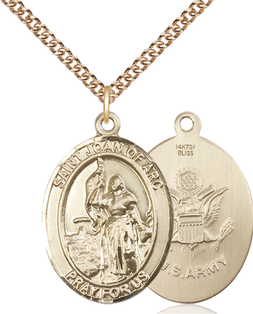 14kt Gold Filled Saint Joan of Arc Army Pendant on a 24 inch Gold Filled Heavy Curb chain