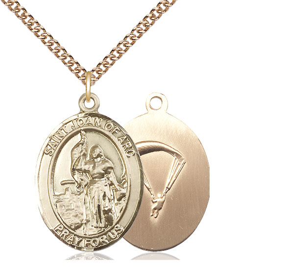 14kt Gold Filled Saint Joan of Arc Paratrooper Pendant on a 24 inch Gold Filled Heavy Curb chain