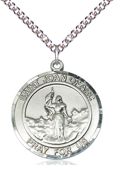 Sterling Silver Saint Joan of Arc Pendant on a 24 inch Sterling Silver Heavy Curb chain