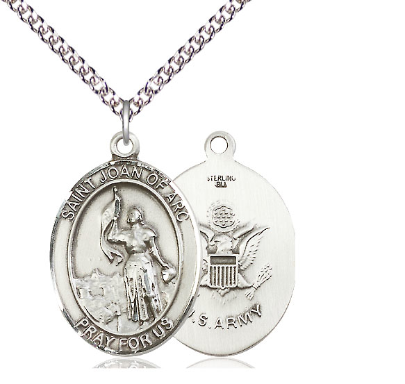 Sterling Silver Saint Joan of Arc Army Pendant on a 24 inch Sterling Silver Heavy Curb chain