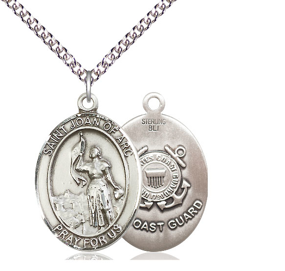 Sterling Silver Saint Joan of Arc  Coast Guard Pendant on a 24 inch Sterling Silver Heavy Curb chain
