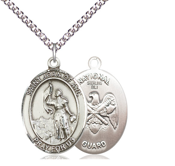 Sterling Silver Saint Joan of Arc National Guard Pendant on a 24 inch Sterling Silver Heavy Curb chain
