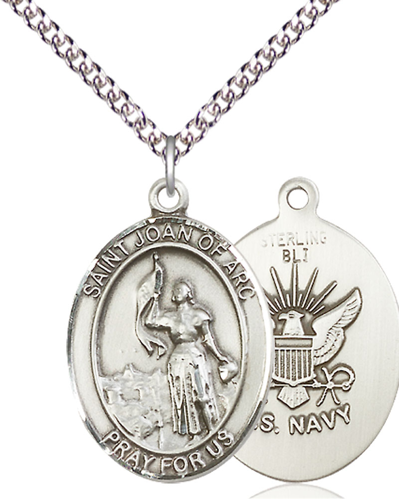 Sterling Silver Saint Joan of Arc Navy Pendant on a 24 inch Sterling Silver Heavy Curb chain