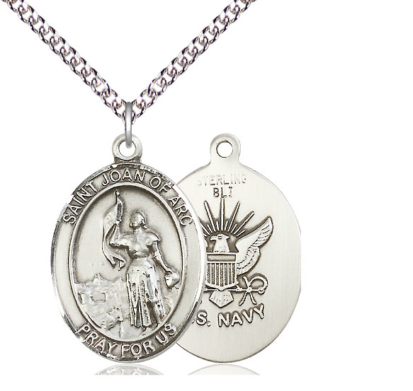 Sterling Silver Saint Joan of Arc Navy Pendant on a 24 inch Sterling Silver Heavy Curb chain