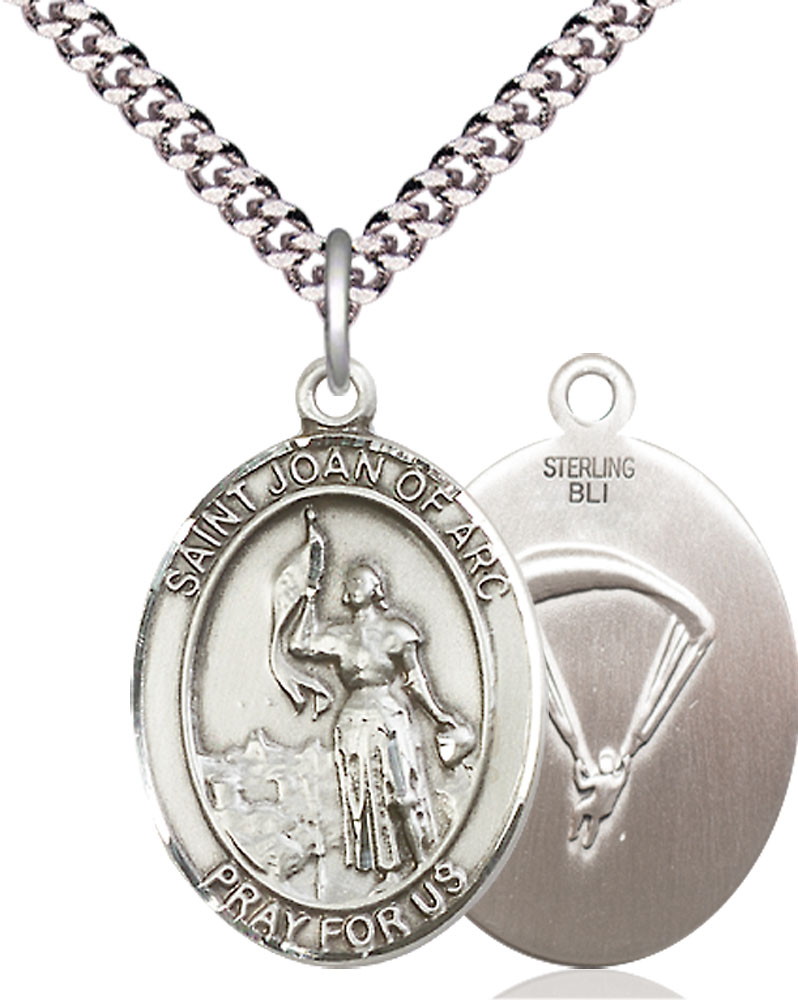 Sterling Silver Saint Joan of Arc Paratrooper Pendant on a 24 inch Light Rhodium Heavy Curb chain