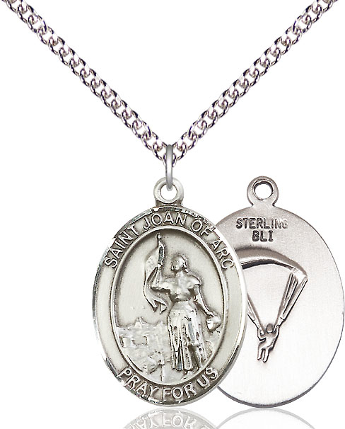 Sterling Silver Saint Joan of Arc Paratrooper Pendant on a 24 inch Sterling Silver Heavy Curb chain
