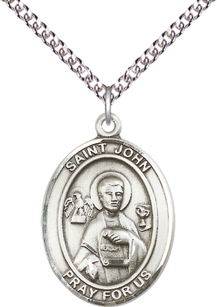 Sterling Silver Saint John the Apostle Pendant on a 24 inch Sterling Silver Heavy Curb chain