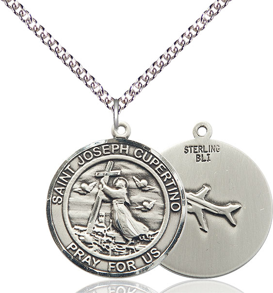 Sterling Silver Saint Joseph of Cupertino Pendant on a 24 inch Sterling Silver Heavy Curb chain