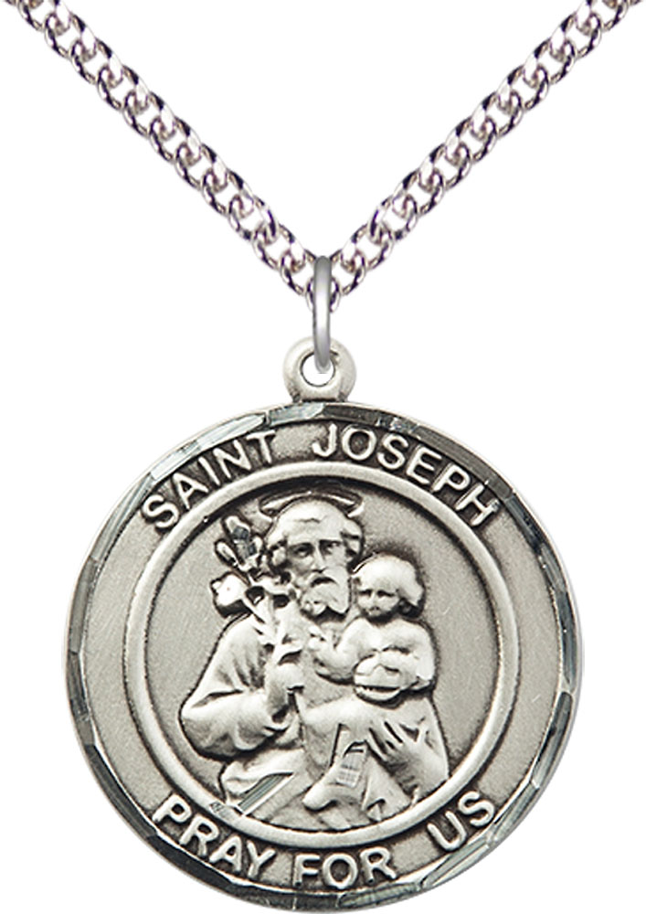 Sterling Silver Saint Joseph Pendant on a 24 inch Sterling Silver Heavy Curb chain