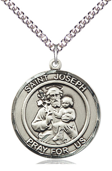 Sterling Silver Saint Joseph Pendant on a 24 inch Sterling Silver Heavy Curb chain