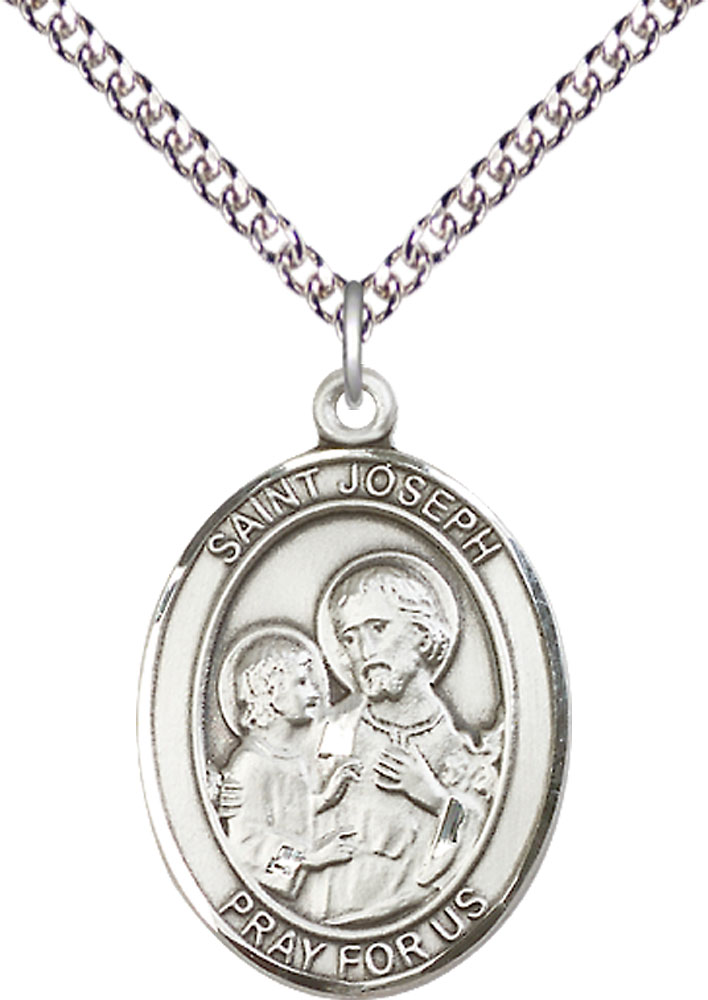 Sterling Silver Saint Joseph Pendant on a 24 inch Sterling Silver Heavy Curb chain