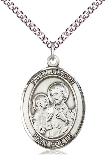 Sterling Silver Saint Joseph Pendant on a 24 inch Sterling Silver Heavy Curb chain