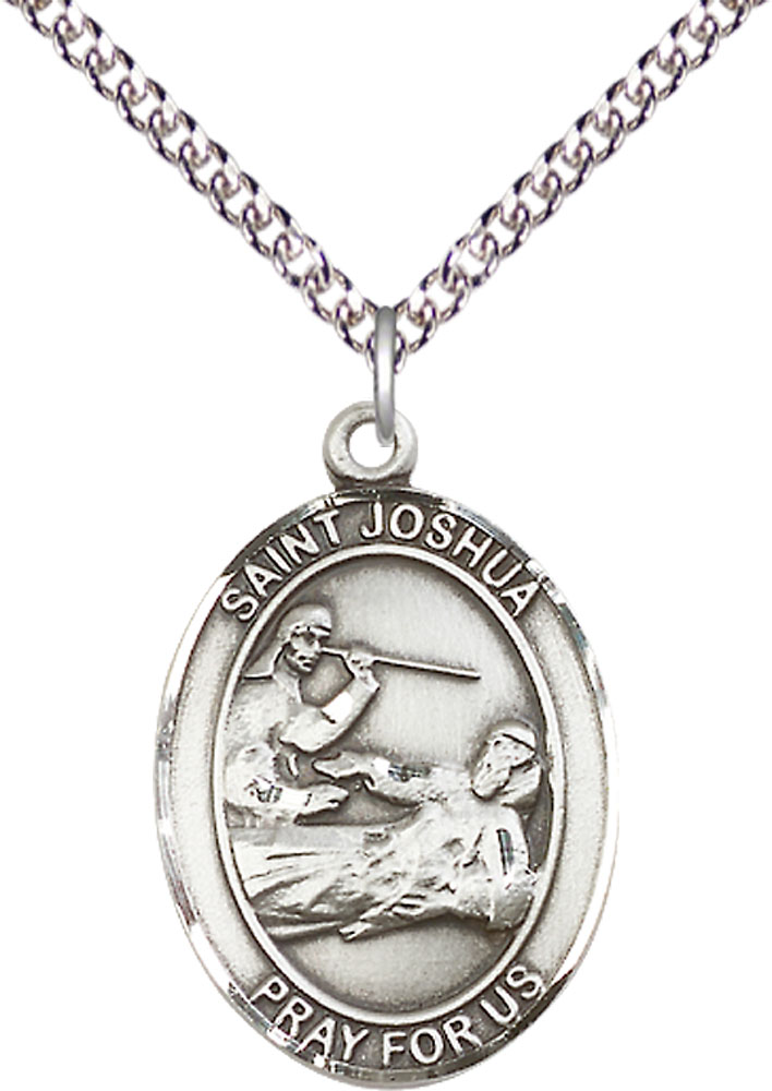 Sterling Silver Saint Joshua Pendant on a 24 inch Sterling Silver Heavy Curb chain