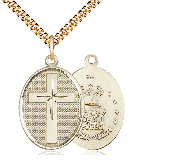 14kt Gold Filled Cross Air Force Pendant on a 24 inch Gold Plate Heavy Curb chain