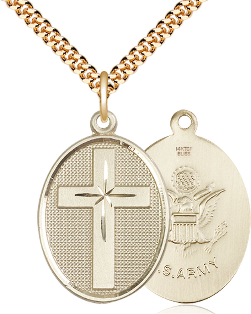 14kt Gold Filled Cross Army Pendant on a 24 inch Gold Plate Heavy Curb chain