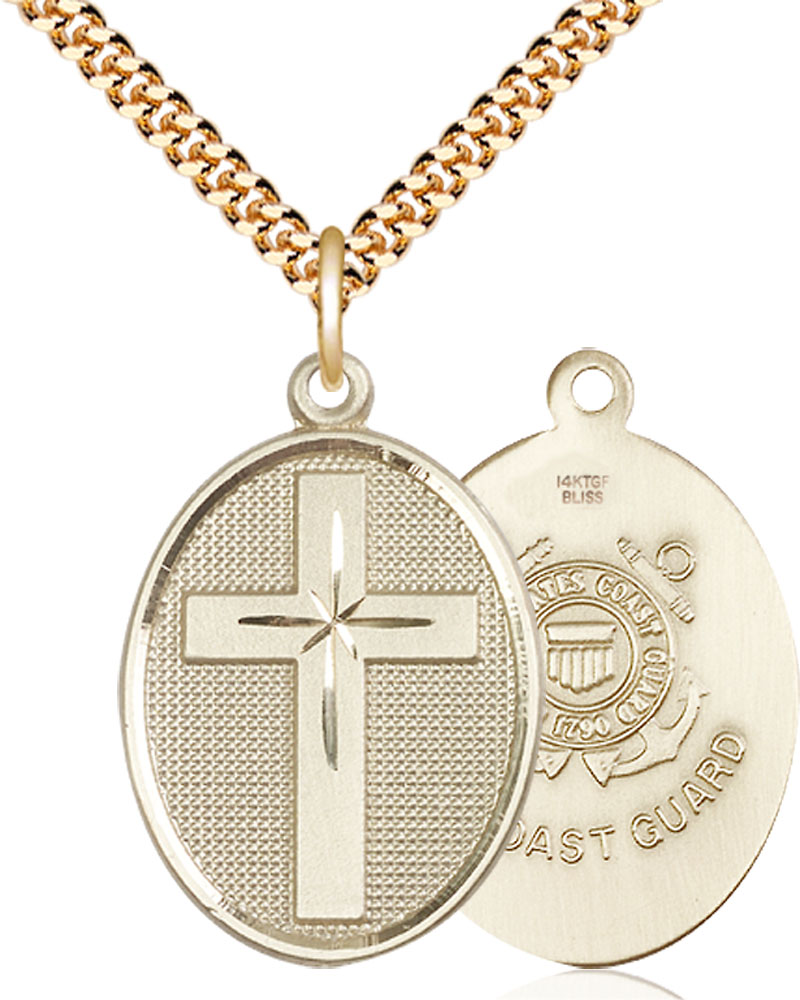 14kt Gold Filled Cross Coast Guard Pendant on a 24 inch Gold Plate Heavy Curb chain